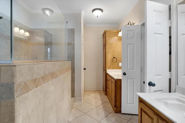 a bathroom with a double vanity sink a mirror and a shower