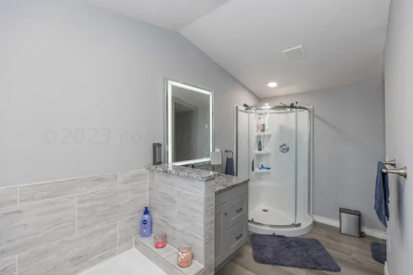 a bathroom with a granite countertop sink a toilet and shower