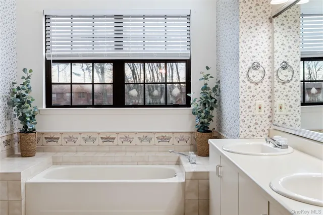 a bathroom with a bathtub and sink