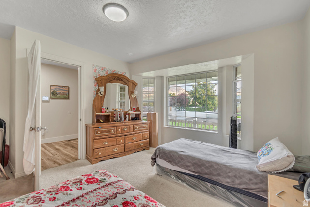 1225 North 1380th Street West Mapleton, UT 84664 - Photo 5 of 17 Carpeted interior space featuring a bay window, ceiling-mounted light fixture, and an open doorway revealing wood-finish flooring