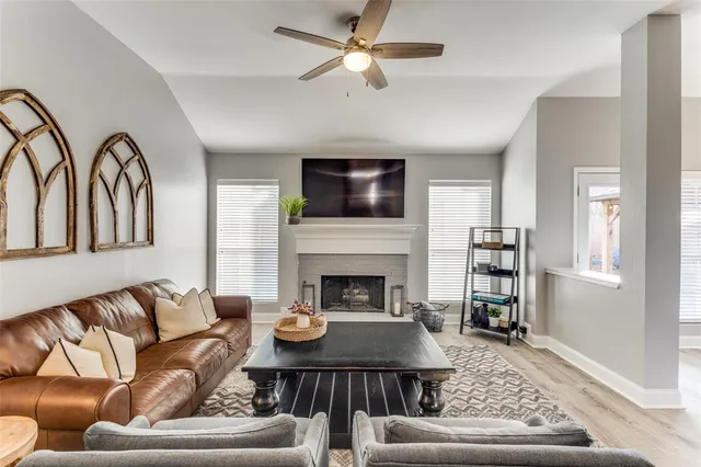 a living room with furniture fireplace and flat screen tv