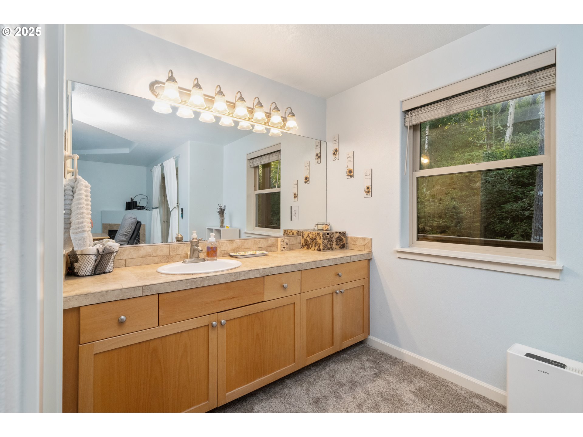 140 Breezee Way Tillamook, OR 97141 - Photo 10 of 46 a bathroom with a sink a large mirror and a window