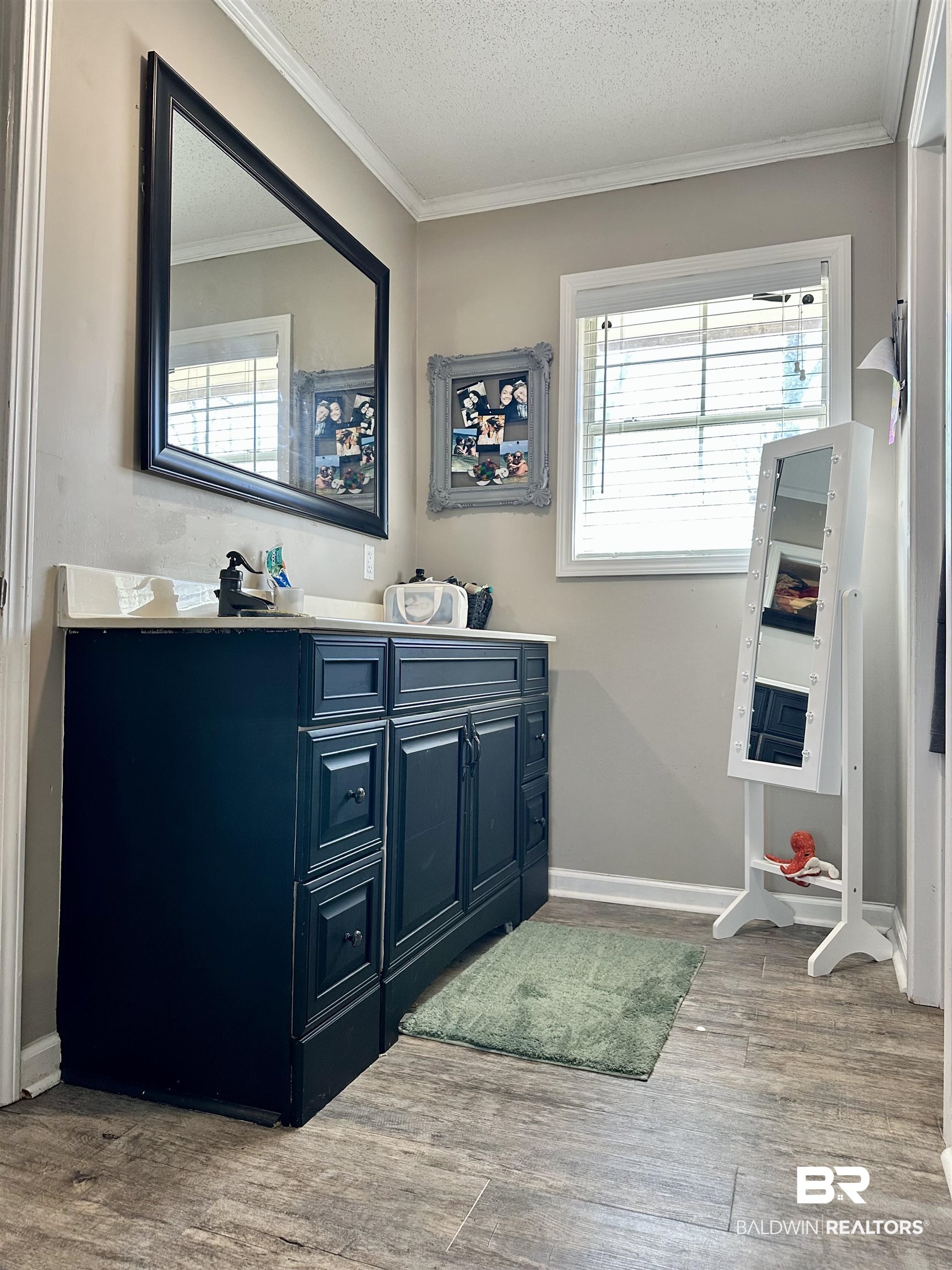 120 McGougin Road Brewton, AL 36426 - Photo 13 of 21 Bathroom featuring a textured ceiling, wood finished floors, baseboards, double vanity, and crown molding
