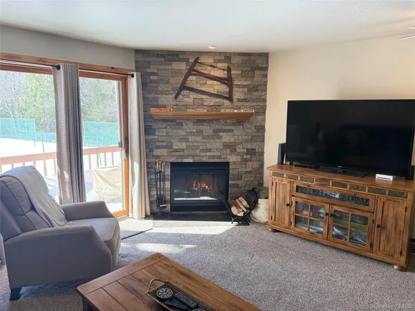 a living room with furniture a flat screen tv and a fireplace