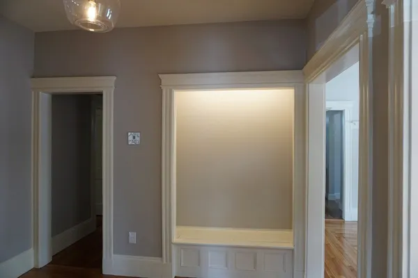 a bathroom with a glass shower door