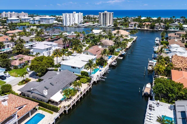 a view of a lake with boats and palm trees