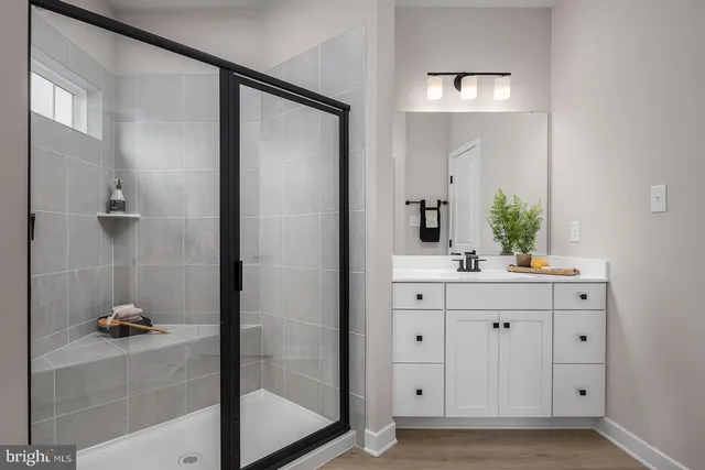 a bathroom with a shower and a sink