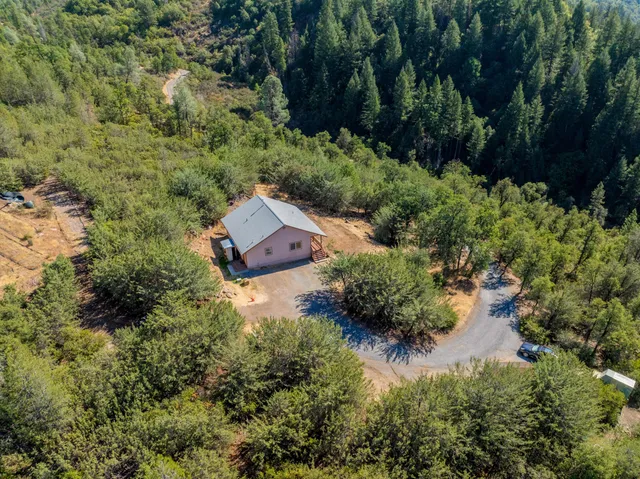 an aerial view of a house with yard and green space