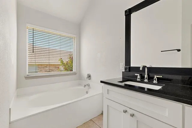 a bathroom with a double vanity sink and a bathtub