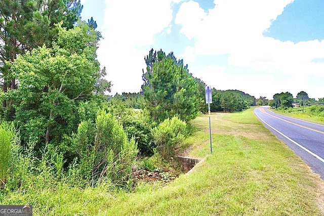 a small pool with trees in the background