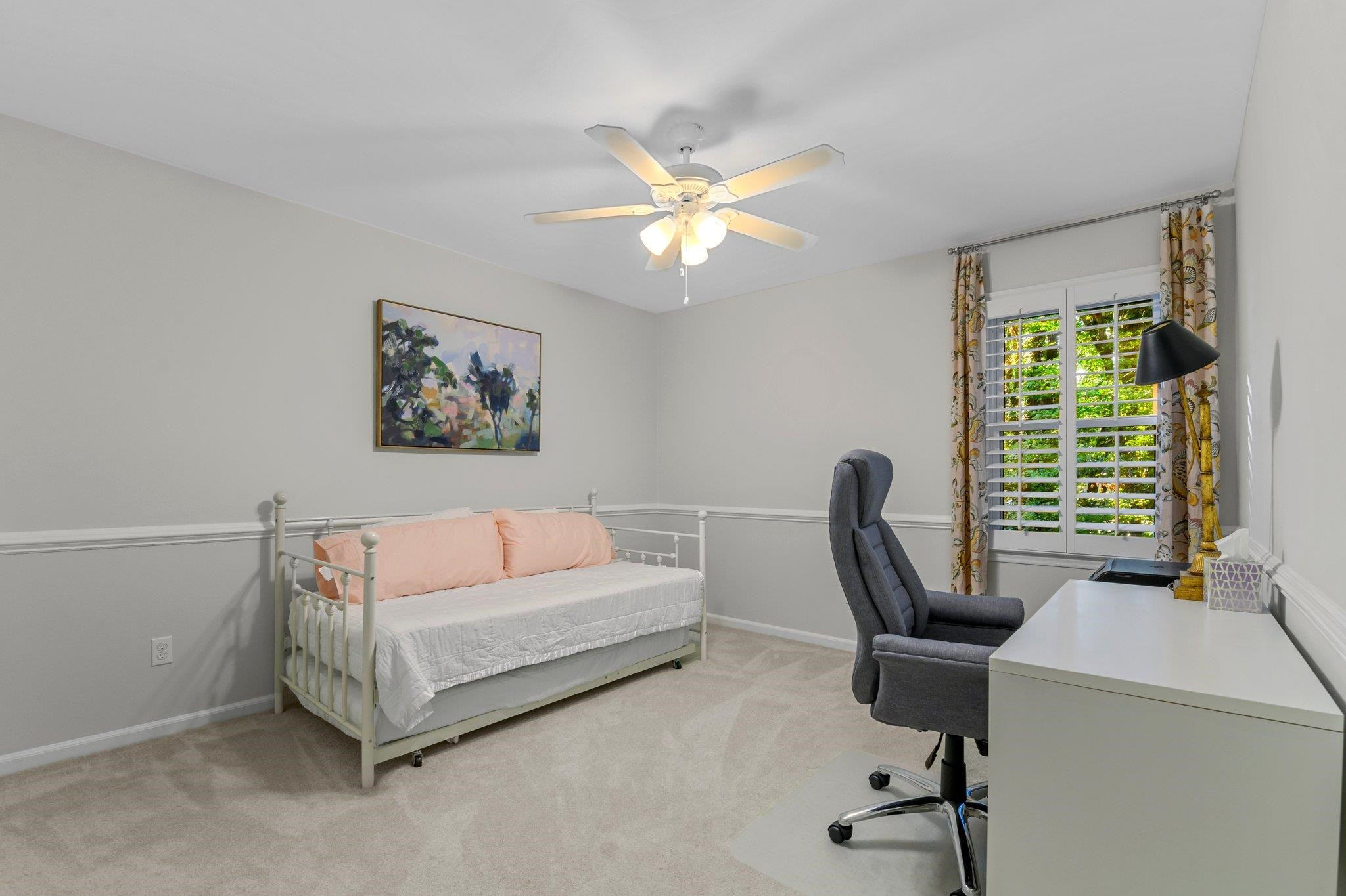 1502 Edgeside Court Raleigh, NC 27609 - Photo 15 of 27 Bedroom 3 on 2nd Floor with ceiling fan, chair rail, and single window. Bedroom 3