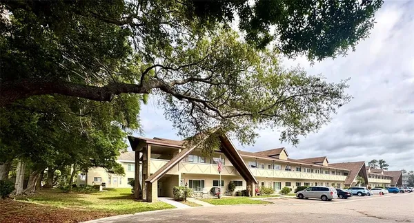 a view of a big house in a big yard with palm trees