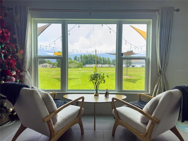 a view of a dining room with furniture window and outside view