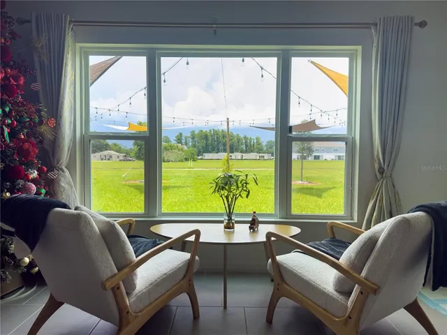 a view of a dining room with furniture window and outside view