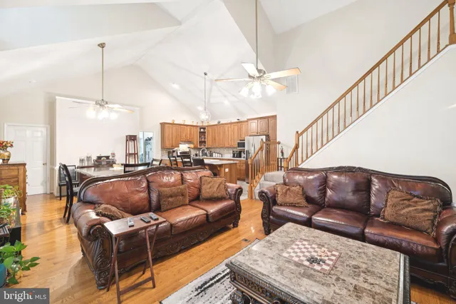 a living room with furniture ceiling fan and a rug