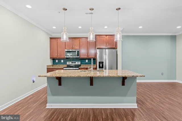 a view of kitchen with stainless steel appliances granite countertop a sink a stove and a wooden floors