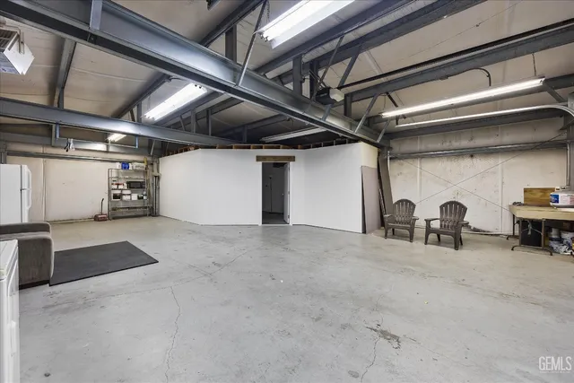 a view of a garage with storage