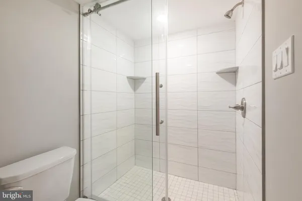 a bathroom with a shower and toilet