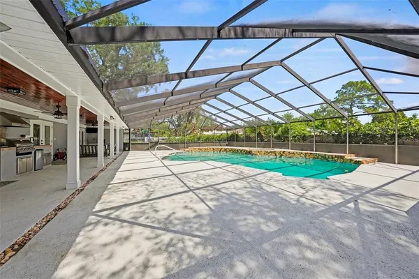 a view of a backyard with a swimming pool