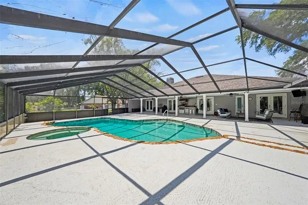 a house view with a swimming pool
