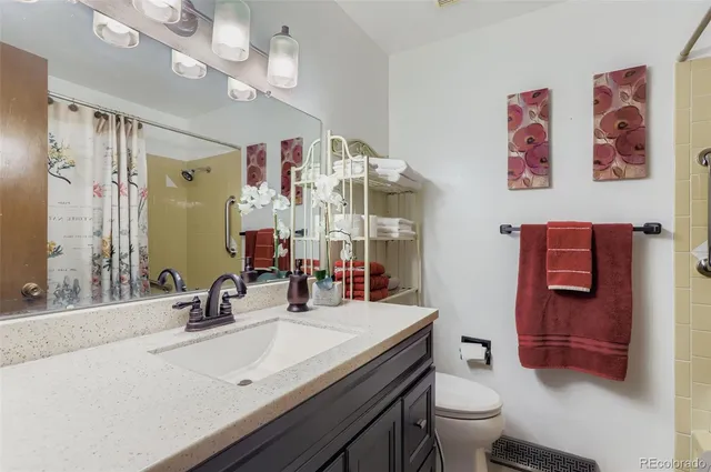 a bathroom with a sink a toilet a mirror a vanity and shower