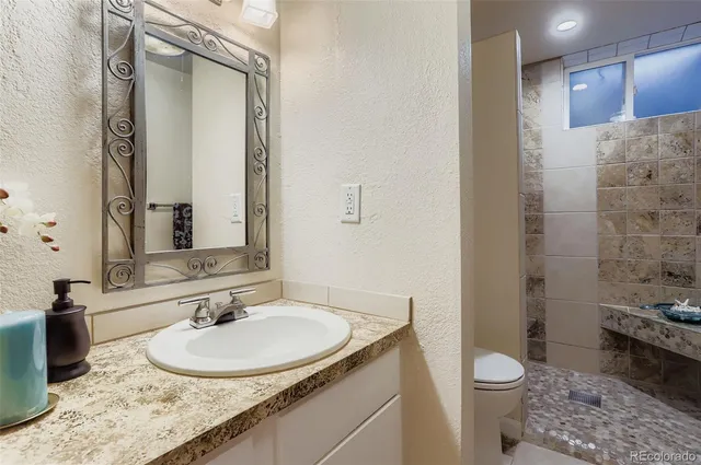 a bathroom with a granite countertop sink toilet and shower