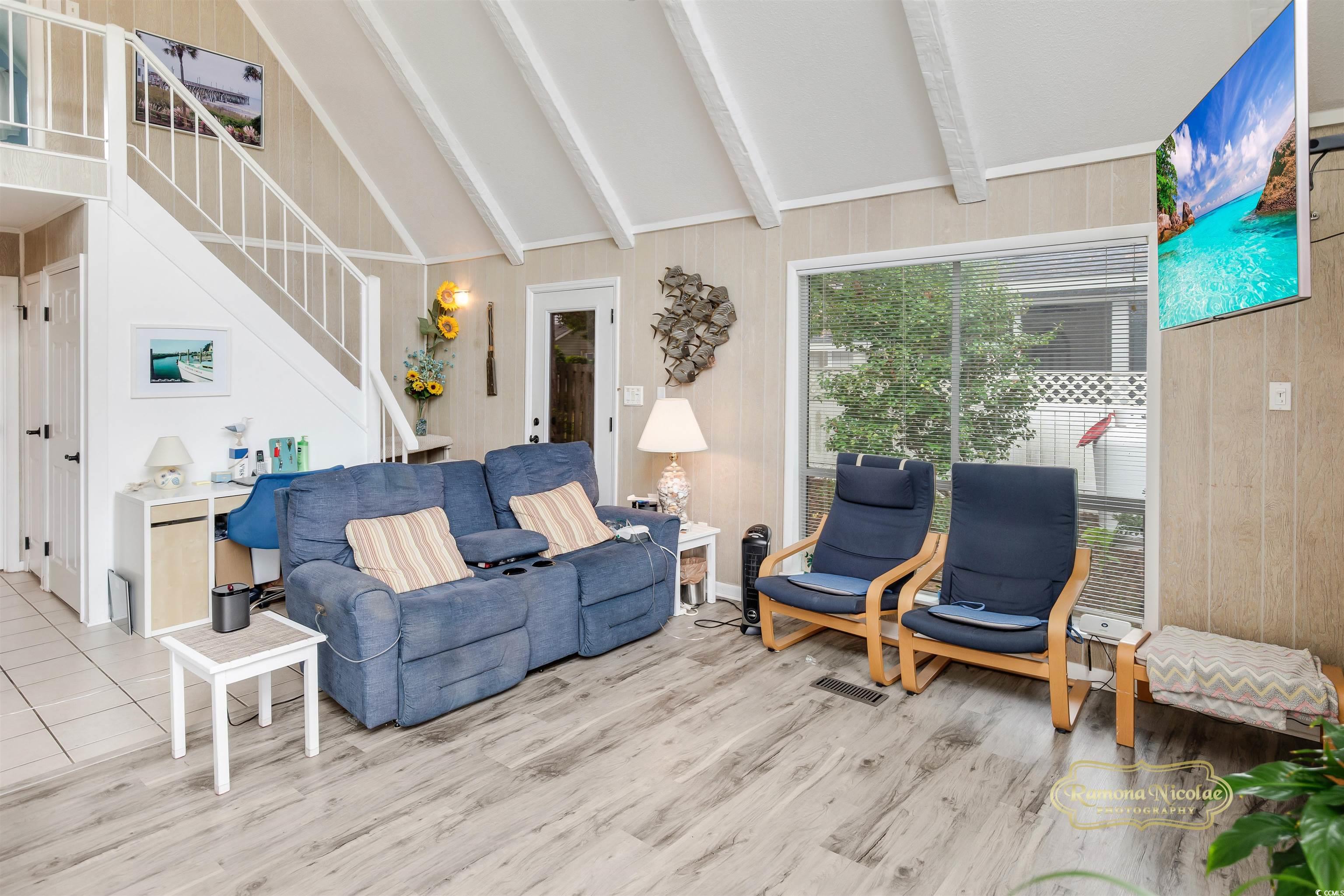 617 3rd Avenue South Surfside Beach, SC 29575 - Photo 16 of 36 Living room featuring vaulted ceiling with beams,