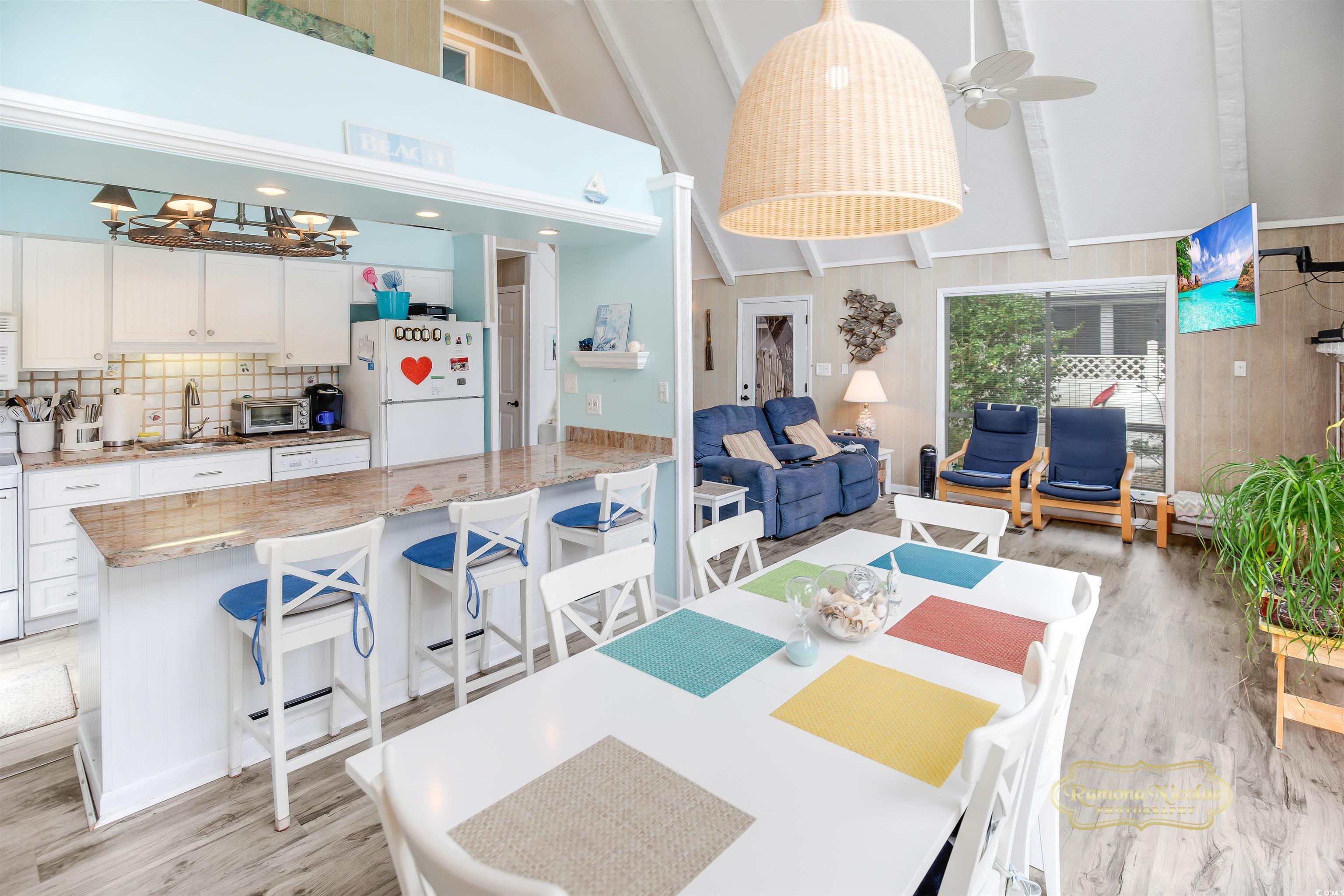 617 3rd Avenue South Surfside Beach, SC 29575 - Photo 7 of 36 Dining room with high vaulted ceiling, beamed ceil