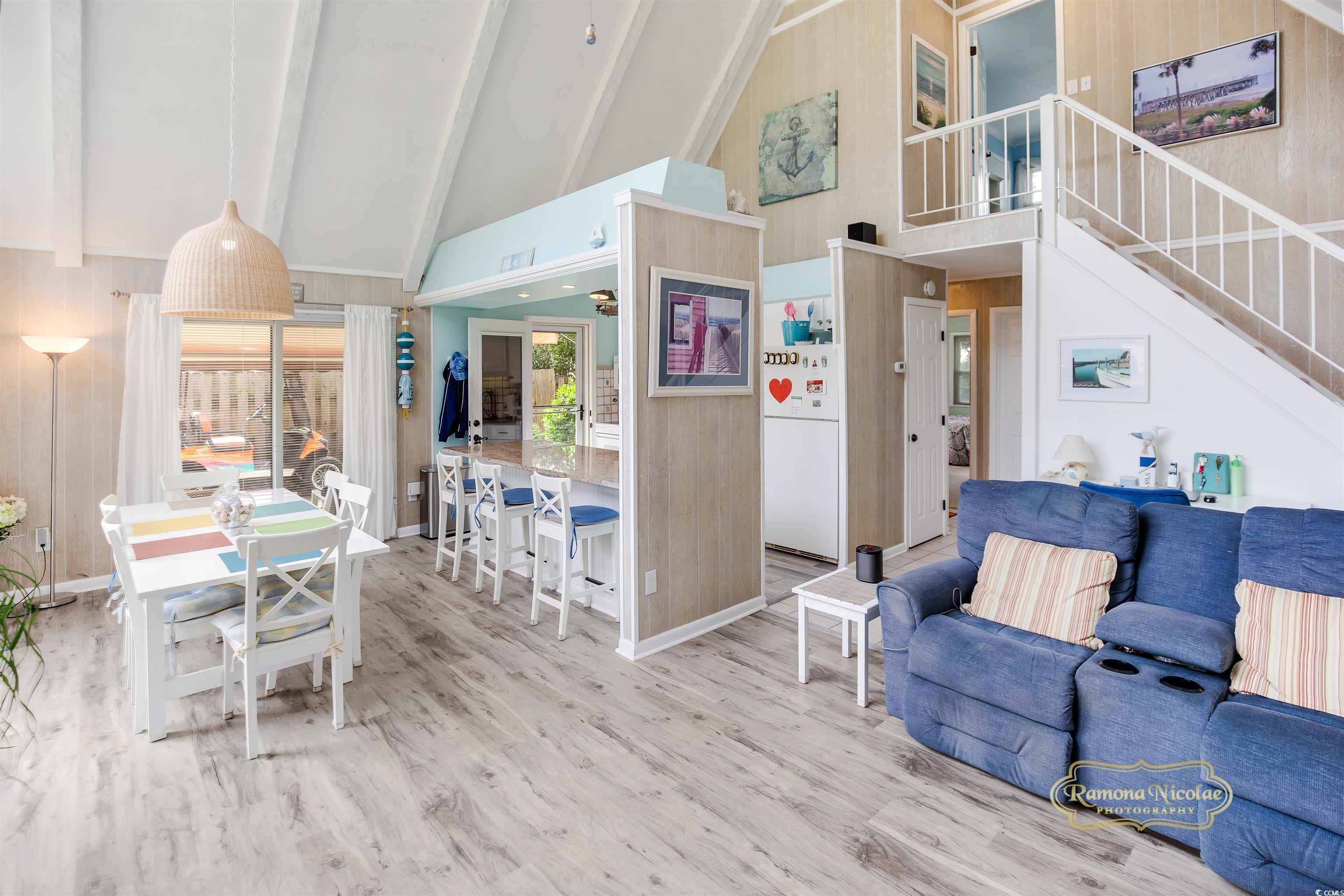 617 3rd Avenue South Surfside Beach, SC 29575 - Photo 8 of 36 Living room with high vaulted ceiling, beam ceilin