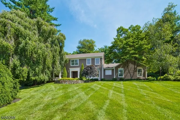 a front view of a house with yard and green space