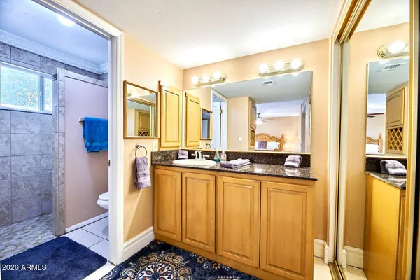 a bathroom with a sink a mirror and a shower