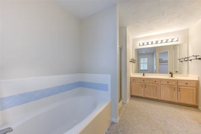 a spacious bathroom with a granite countertop tub sink and mirror