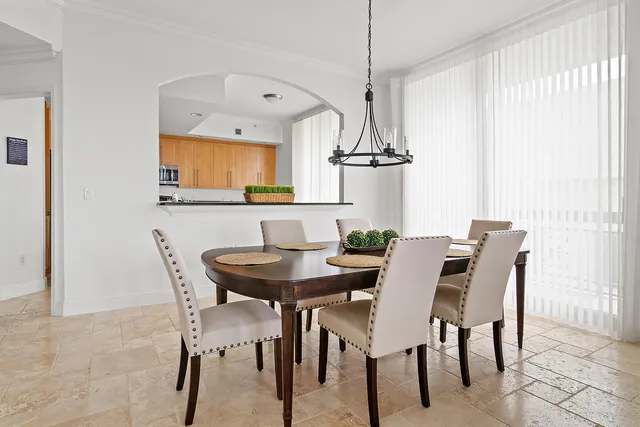 a view of a dining room with furniture