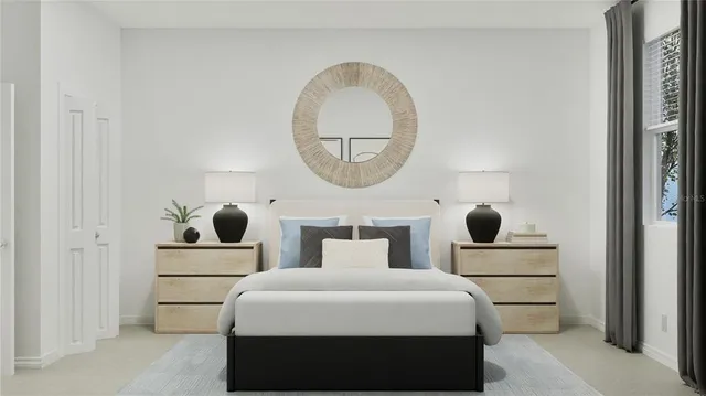 a spacious bedroom with a bed and cabinets