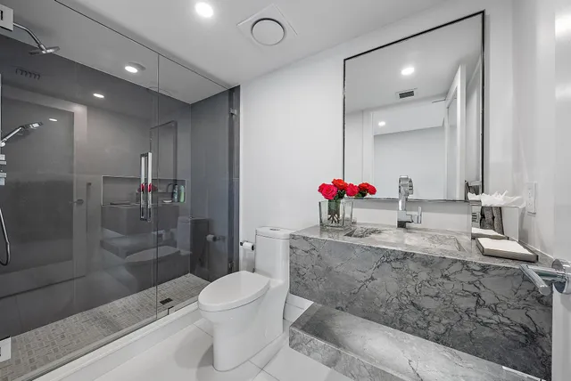 a bathroom with a granite countertop sink mirror toilet and shower
