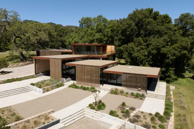 a view of a house with a yard plants and large tree