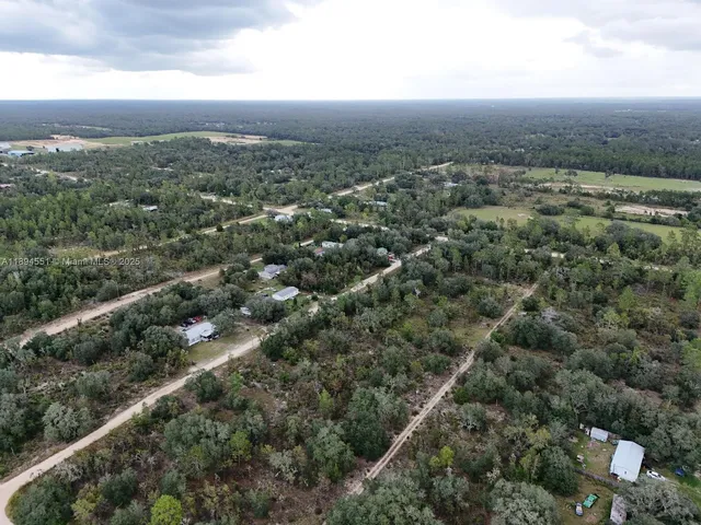 an aerial view of residential houses with outdoor space and trees