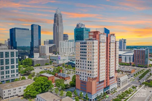 a city view with tall buildings
