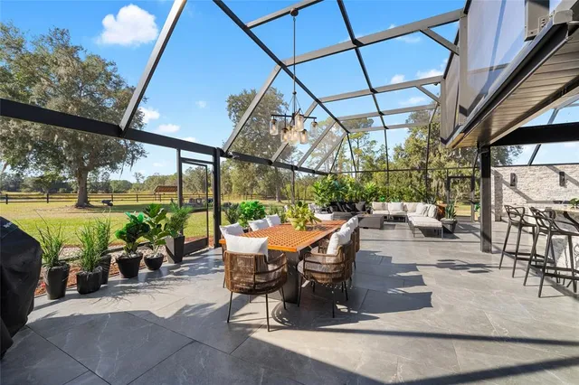 an outdoor space with seating