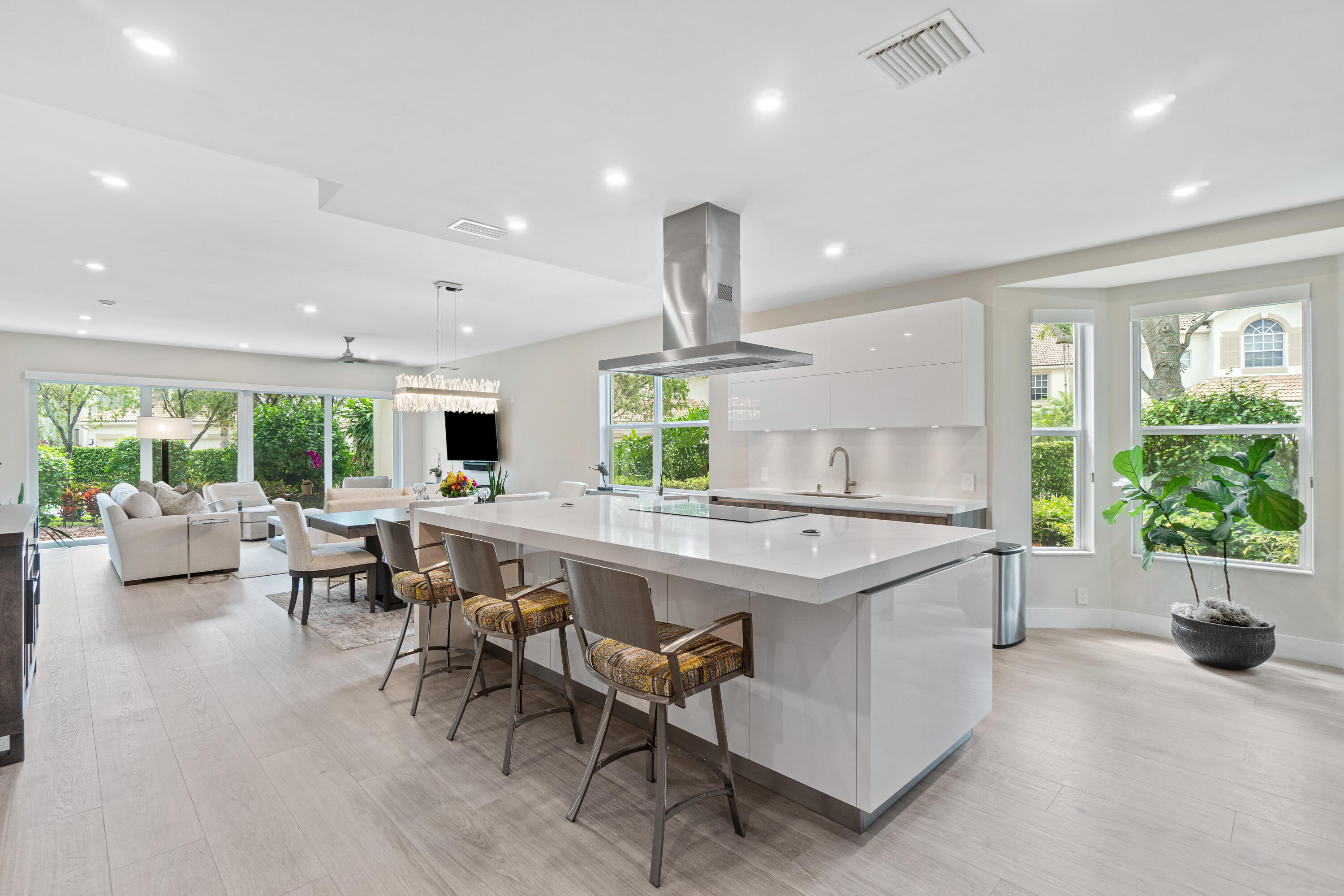 a kitchen with lots of counter top space and living room
