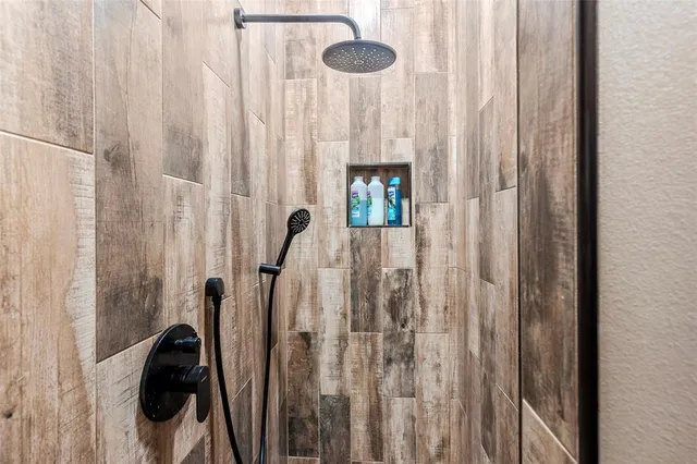 a bathroom with a shower curtain