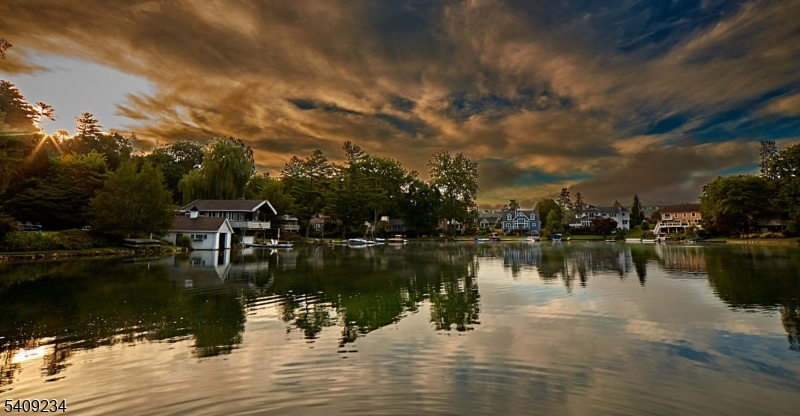 a lake view with boat and trees