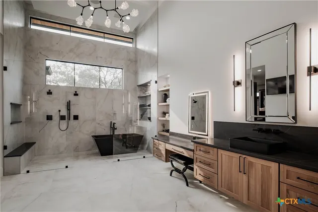 a large room with chandelier