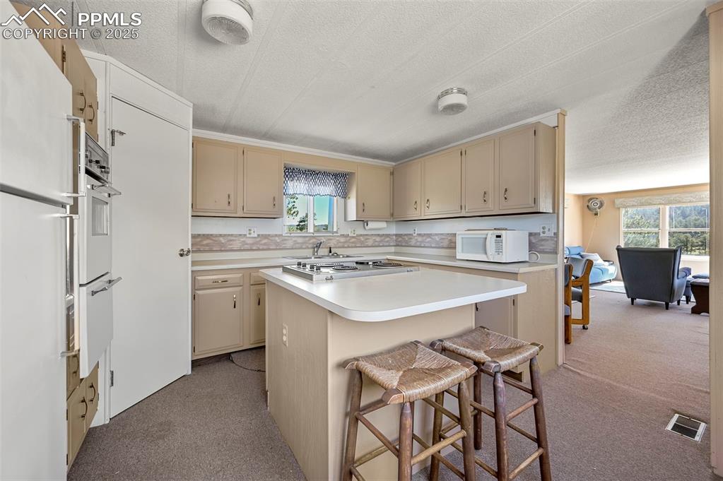 332 Valley Circle Guffey, CO 80820 - Photo 16 of 32 a kitchen with a sink a stove a refrigerator and cabinets
