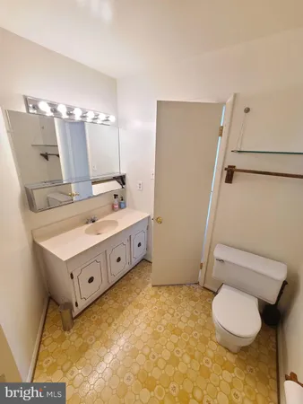 a bathroom with a sink a toilet and mirror