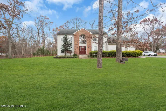 a view of a park with large trees