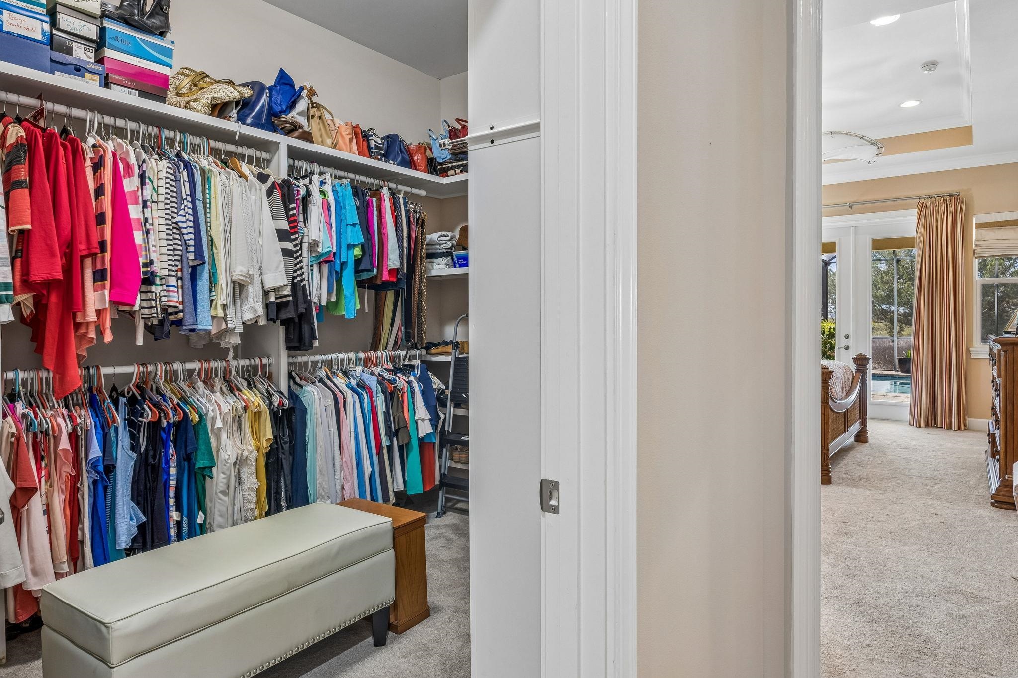 409 Lookout Point Drive St. Augustine, FL 32080 - Photo 49 of 90 Walk in closet featuring light carpet, french doors, and a tray ceiling