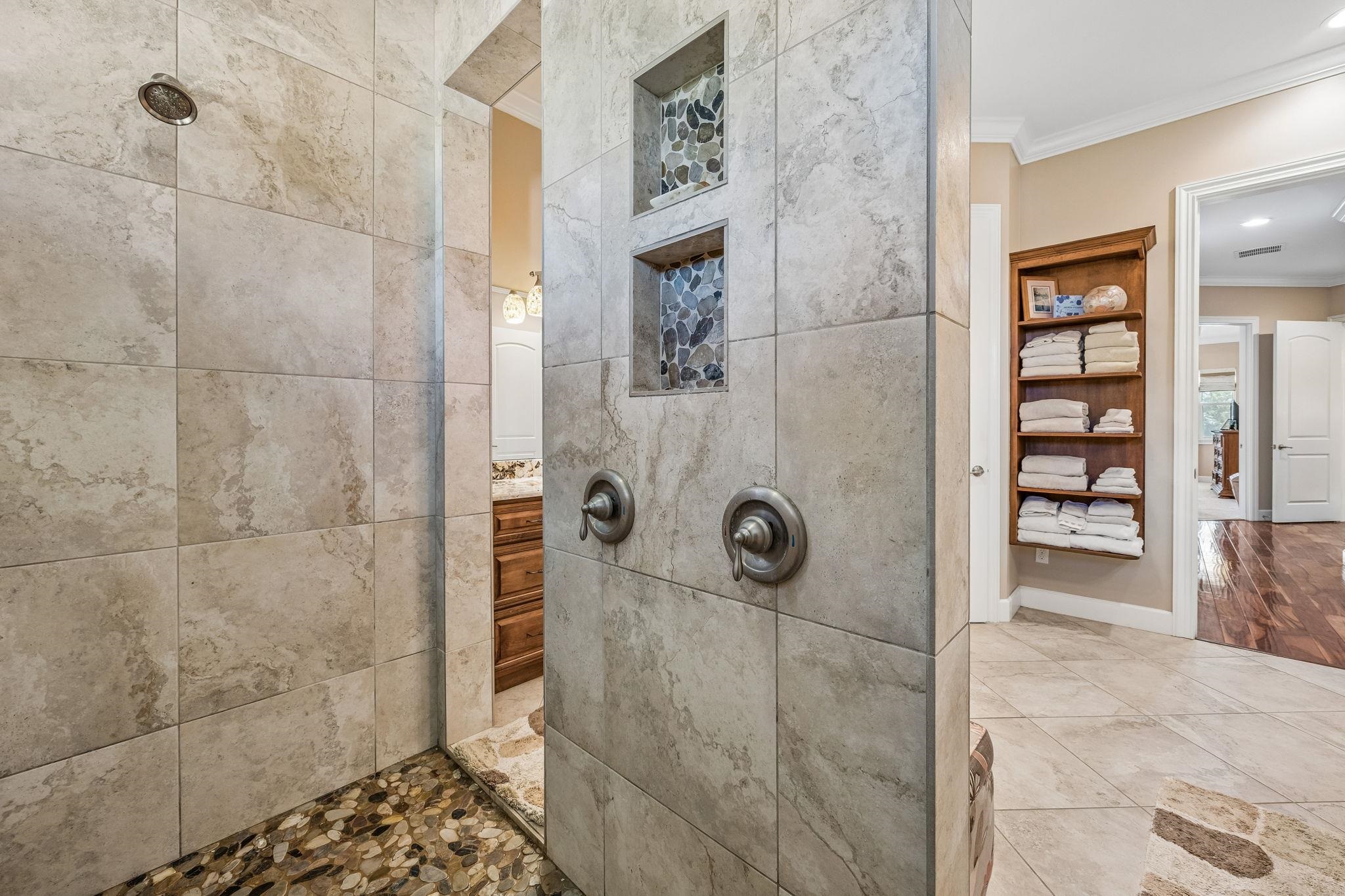 409 Lookout Point Drive St. Augustine, FL 32080 - Photo 54 of 90 Bathroom featuring crown molding, walk in shower, vanity, and recessed lighting