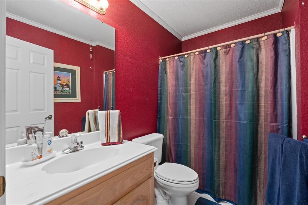 11306 Jennifer Circle Sanger, TX 76266 - Photo 17 of 24 a bathroom with a sink a toilet a mirror and shower curtain