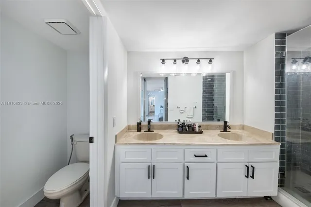 a bathroom with a double vanity sink mirror and toilet